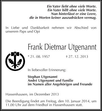 Traueranzeige von Frank Dietmar Utgenannt von Mitteldeutsche Zeitung Naumburg/Nebra