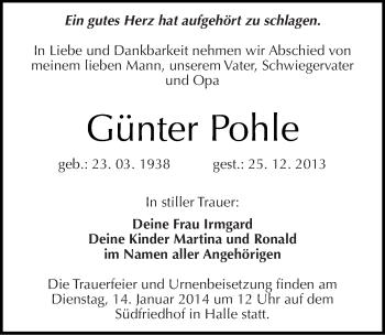 Traueranzeige von Günter Pohle von Mitteldeutsche Zeitung Halle/Saalkreis