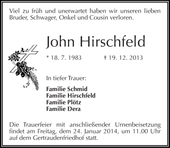 Traueranzeige von John Hirschfeld von Mitteldeutsche Zeitung Halle/Saalkreis