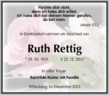 Traueranzeige von Ruth Rettig von Mitteldeutsche Zeitung Wittenberg
