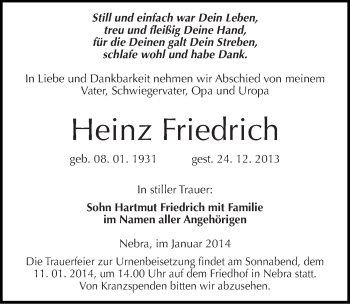 Traueranzeige von Heinz Friedrich von Mitteldeutsche Zeitung Naumburg/Nebra