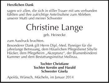 Traueranzeige von Christine Lange von Mitteldeutsche Zeitung Merseburg/Querfurt