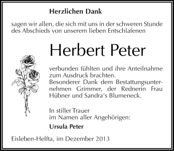 Traueranzeige von Herbert Peter von Mitteldeutsche Zeitung Mansfelder Land