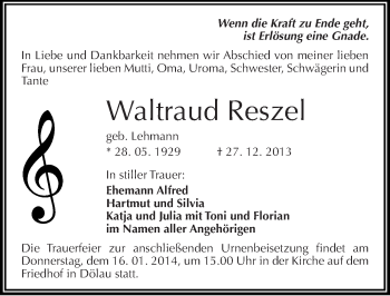 Traueranzeige von Waltraud Reszel von Mitteldeutsche Zeitung Halle/Saalkreis