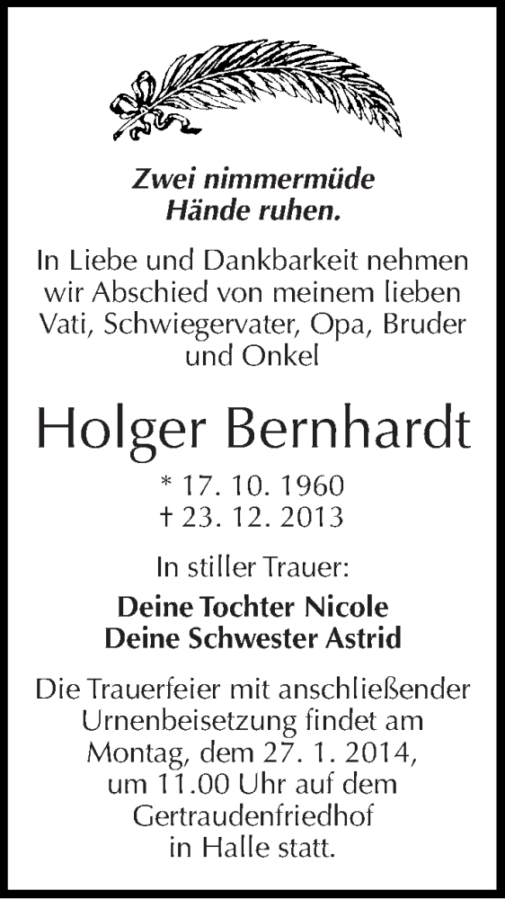  Traueranzeige für Holger Bernhardt vom 04.01.2014 aus Mitteldeutsche Zeitung Halle/Saalkreis
