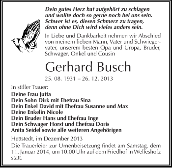 Traueranzeige von Gerhard Busch von Mitteldeutsche Zeitung Mansfelder Land