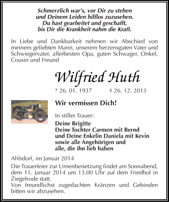 Traueranzeige von Wilfried Huth von Mitteldeutsche Zeitung Mansfelder Land