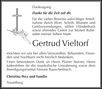 Traueranzeige von Gertrud Vieltorf von Mitteldeutsche Zeitung Naumburg/Nebra