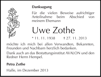 Traueranzeige von Uwe Zothe von Mitteldeutsche Zeitung Halle/Saalkreis