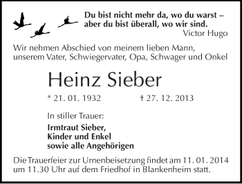 Traueranzeige von Heinz Sieber von Mitteldeutsche Zeitung Sangerhausen