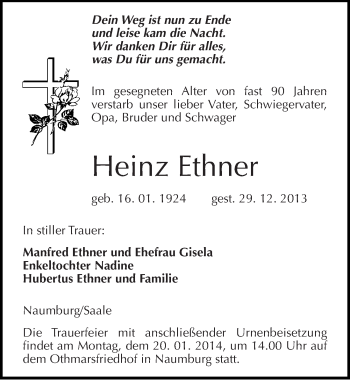 Traueranzeige von Heinz Ethner von Mitteldeutsche Zeitung Naumburg/Nebra