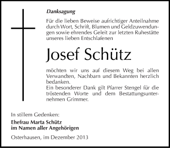 Traueranzeige von Josef Schütz von Mitteldeutsche Zeitung Mansfelder Land