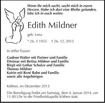 Traueranzeige von Edith Mildner von Mitteldeutsche Zeitung Köthen
