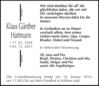 Traueranzeige von Klaus Günther Hartmann von Mitteldeutsche Zeitung Köthen