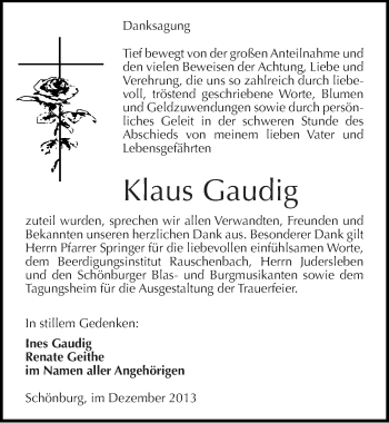 Traueranzeige von Klaus Gaudig von Mitteldeutsche Zeitung Naumburg/Nebra
