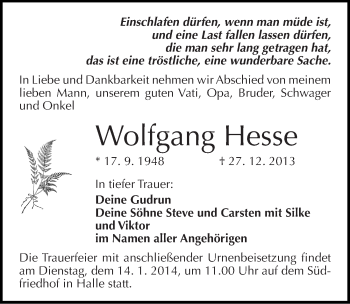 Traueranzeige von Wolfgang Hesse von Mitteldeutsche Zeitung Halle/Saalkreis