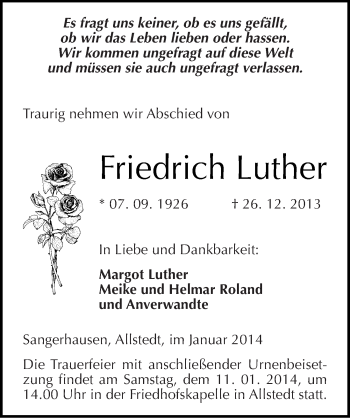 Traueranzeige von Friedrich Luther von Mitteldeutsche Zeitung Sangerhausen