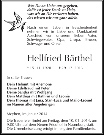 Traueranzeige von Hellfried Bärthel von Mitteldeutsche Zeitung Naumburg/Nebra