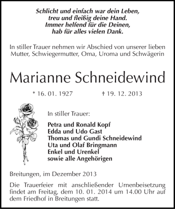 Traueranzeige von Marianne Schneidewind von Mitteldeutsche Zeitung Sangerhausen