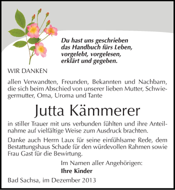 Traueranzeige von Jutta Kämmerer von Mitteldeutsche Zeitung Sangerhausen