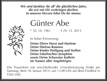 Traueranzeige von Günter Abe von Mitteldeutsche Zeitung Bitterfeld