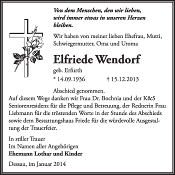 Traueranzeige von Elfriede Wendorf von Super Sonntag Dessau / Köthen