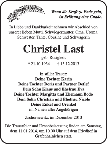 Traueranzeige von Christel Last von Super Sonntag Wittenberg