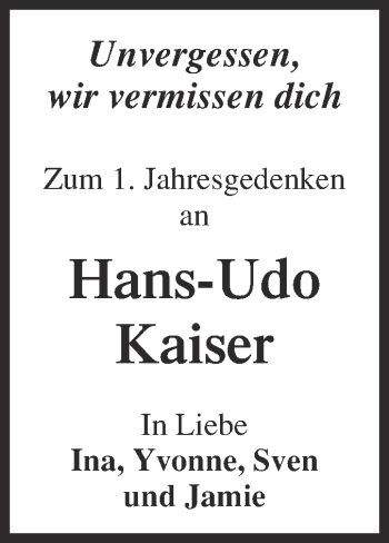 Traueranzeige von Hans-Udo Kaiser von WVG - Wochenspiegel NMB / WSF / ZTZ