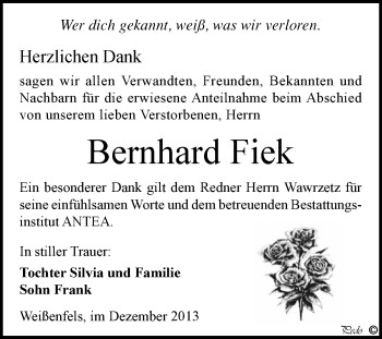 Traueranzeige von Bernhard Fiek von WVG - Wochenspiegel NMB / WSF / ZTZ