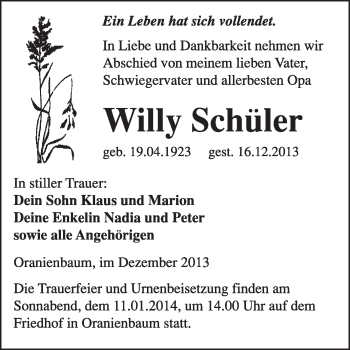 Traueranzeige von Willy Schüler von WVG - Wochenspiegel Wittenberg