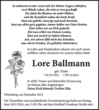 Traueranzeige von Lore Ballmann von Super Sonntag Wittenberg
