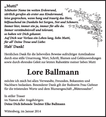 Traueranzeige von Lore Ballmann von Super Sonntag Wittenberg