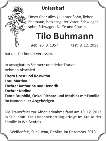 Traueranzeige von Tilo Buhmann von WVG - Wochenspiegel NMB / WSF / ZTZ