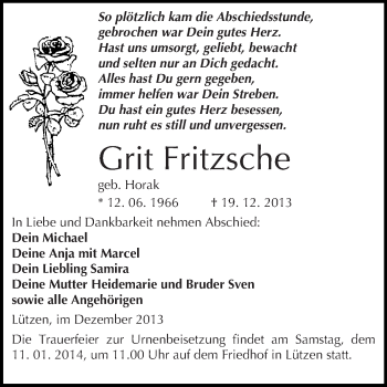 Traueranzeige von Grit Fritzsche von WVG - Wochenspiegel Merseburg