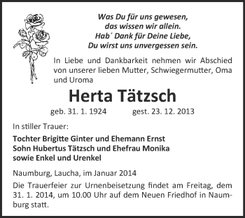 Traueranzeige von Herta Tätzsch von WVG - Wochenspiegel NMB / WSF / ZTZ