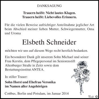 Traueranzeige von Elsbeth Schneider von Super Sonntag Zeitz