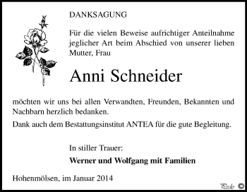 Traueranzeige von Anni Schneider von WVG - Wochenspiegel NMB / WSF / ZTZ