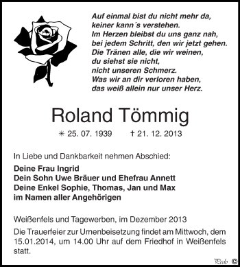 Traueranzeige von Roland Tömmig von WVG - Wochenspiegel NMB / WSF / ZTZ
