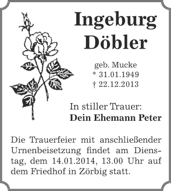 Traueranzeige von Ingeburg Döbler von WVG - Wochenspiegel Bitterfeld