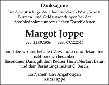 Traueranzeige von Margot Joppe von Super Sonntag Dessau / Köthen