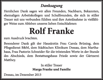 Traueranzeige von Rolf Franke von Super Sonntag Dessau / Köthen