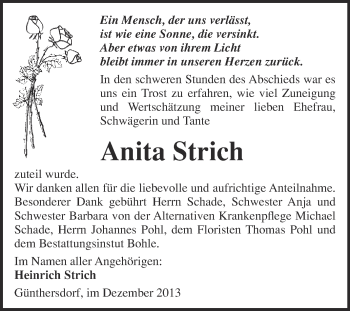 Traueranzeige von Anita Strich von Super Sonntag Merseburg
