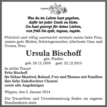 Traueranzeige von Ursula Bischoff von Super Sonntag SGH Mansf. Land