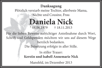 Traueranzeige von Daniela Nick von Wochenspiegel Mansfelder Land