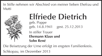 Traueranzeige von Elfriede Dietrich von Super Sonntag Merseburg