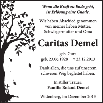 Traueranzeige von Caritas Demel von WVG - Wochenspiegel Wittenberg