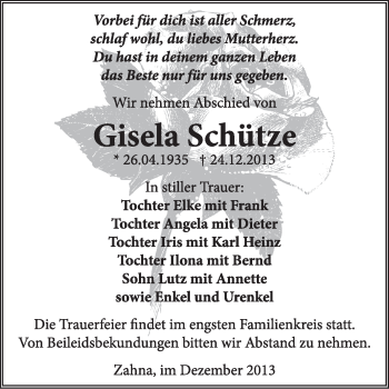 Traueranzeige von Gisela Schütze von Super Sonntag Wittenberg