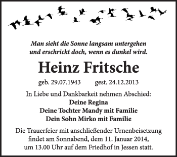 Traueranzeige von Heinz Fritsche von WVG - Wochenspiegel Wittenberg