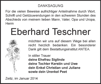 Traueranzeige von Eberhard Teschner von Super Sonntag Zeitz