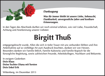 Traueranzeige von Birgitt Thuß von WVG - Wochenspiegel Wittenberg